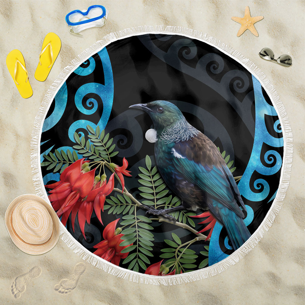 Tui Bird Kakabeak New Zealand Beach Blanket Clianthus Galaxy Maori Koru Pattern