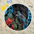 Tui Bird Kakabeak New Zealand Beach Blanket Clianthus Galaxy Maori Koru Pattern
