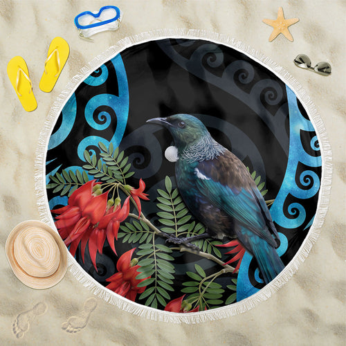 Tui Bird Kakabeak New Zealand Beach Blanket Clianthus Galaxy Maori Koru Pattern