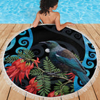 Tui Bird Kakabeak New Zealand Beach Blanket Clianthus Galaxy Maori Koru Pattern