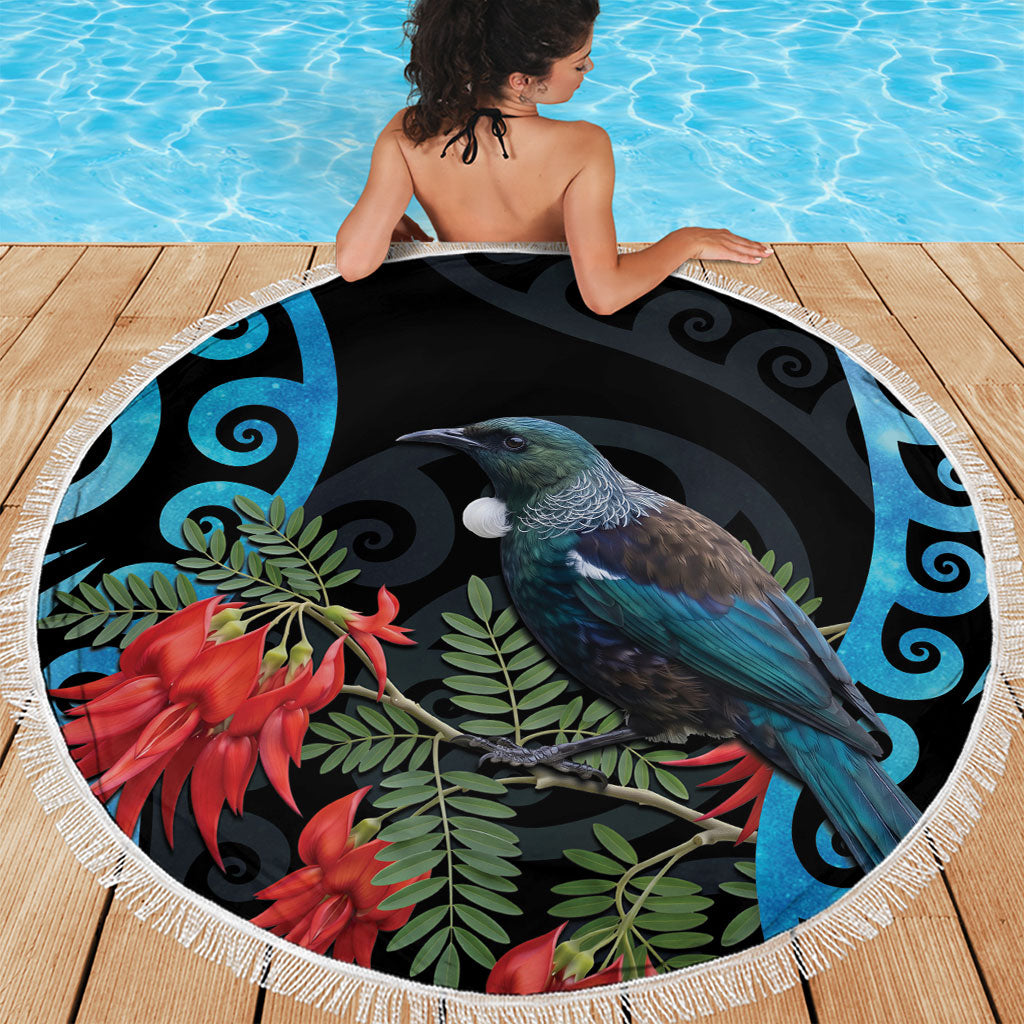 Tui Bird Kakabeak New Zealand Beach Blanket Clianthus Galaxy Maori Koru Pattern