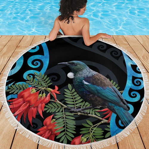 Tui Bird Kakabeak New Zealand Beach Blanket Clianthus Galaxy Maori Koru Pattern
