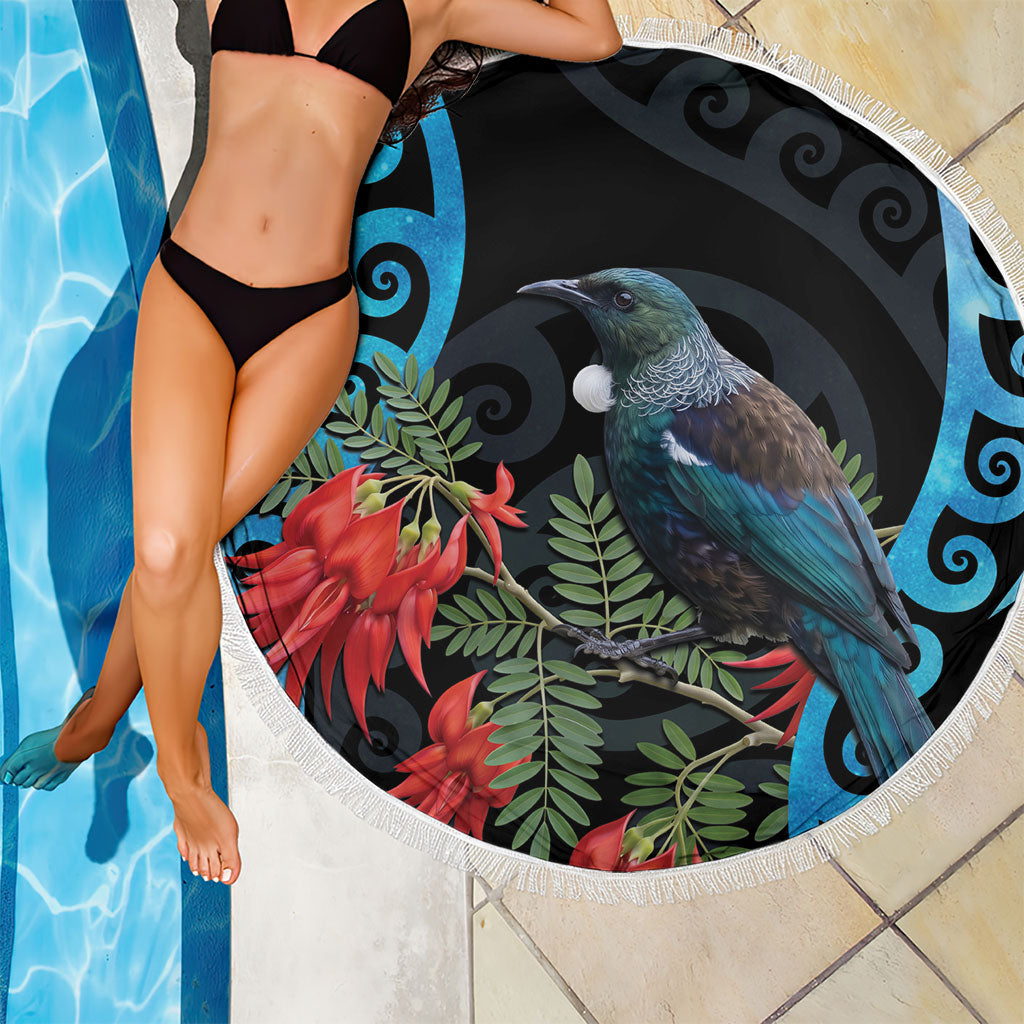 Tui Bird Kakabeak New Zealand Beach Blanket Clianthus Galaxy Maori Koru Pattern