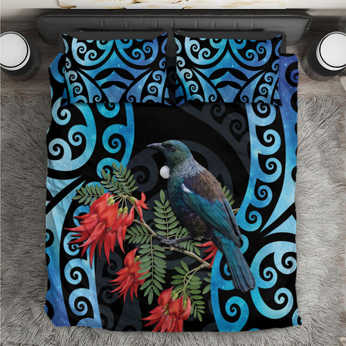 Tui Bird Kakabeak New Zealand Bedding Set Clianthus Galaxy Maori Koru Pattern