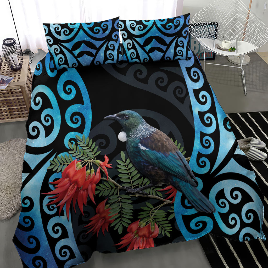 Tui Bird Kakabeak New Zealand Bedding Set Clianthus Galaxy Maori Koru Pattern
