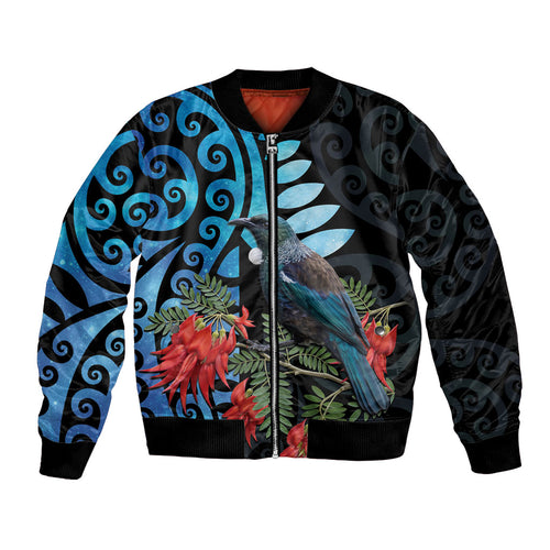 Tui Bird Kakabeak New Zealand Bomber Jacket Clianthus Galaxy Maori Koru Pattern