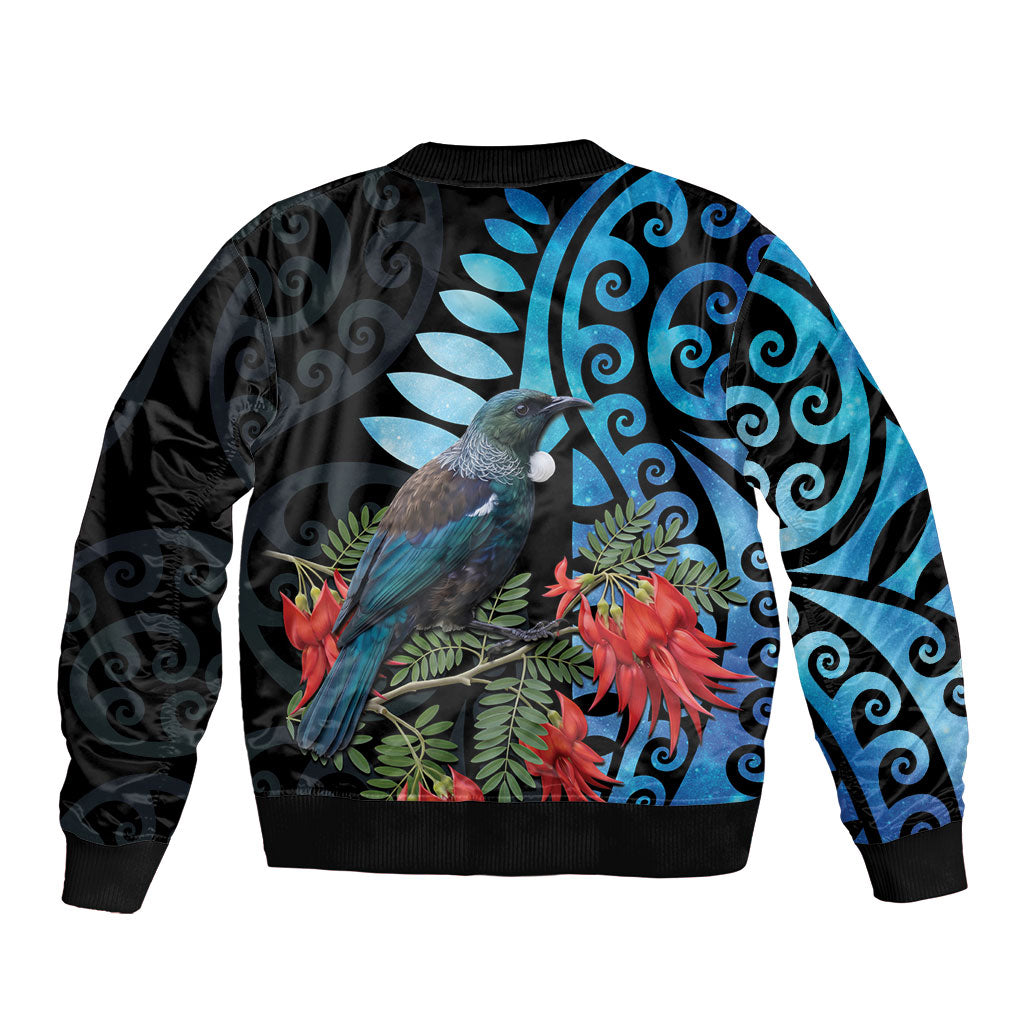 Tui Bird Kakabeak New Zealand Bomber Jacket Clianthus Galaxy Maori Koru Pattern