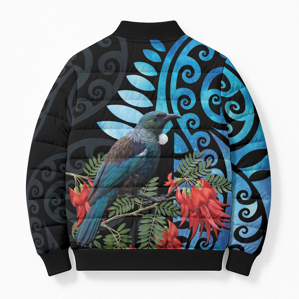 Tui Bird Kakabeak New Zealand Bomber Puffer Jacket Clianthus Galaxy Maori Koru Pattern