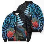Tui Bird Kakabeak New Zealand Bomber Puffer Jacket Clianthus Galaxy Maori Koru Pattern