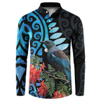 Tui Bird Kakabeak New Zealand Button Sweatshirt Clianthus Galaxy Maori Koru Pattern