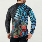 Tui Bird Kakabeak New Zealand Button Sweatshirt Clianthus Galaxy Maori Koru Pattern
