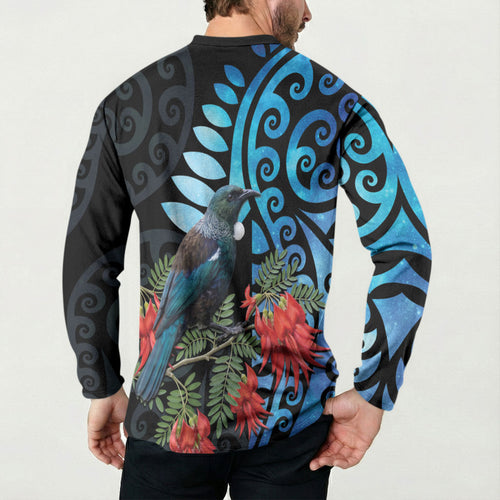 Tui Bird Kakabeak New Zealand Button Sweatshirt Clianthus Galaxy Maori Koru Pattern