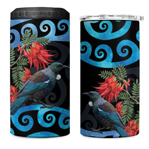 Tui Bird Kakabeak New Zealand 4 in 1 Can Cooler Tumbler Clianthus Galaxy Maori Koru Pattern