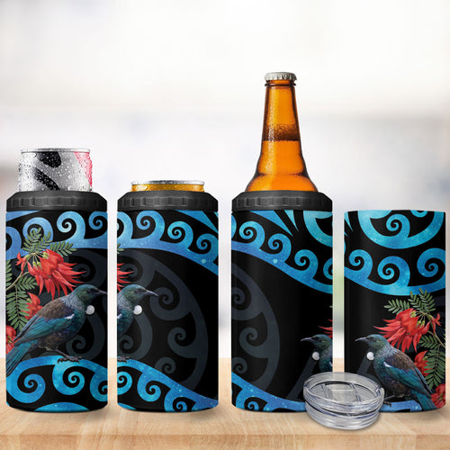Tui Bird Kakabeak New Zealand 4 in 1 Can Cooler Tumbler Clianthus Galaxy Maori Koru Pattern