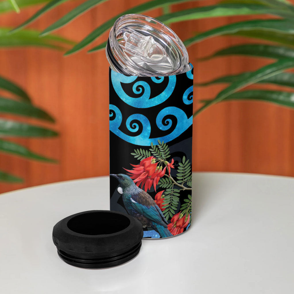 Tui Bird Kakabeak New Zealand 4 in 1 Can Cooler Tumbler Clianthus Galaxy Maori Koru Pattern