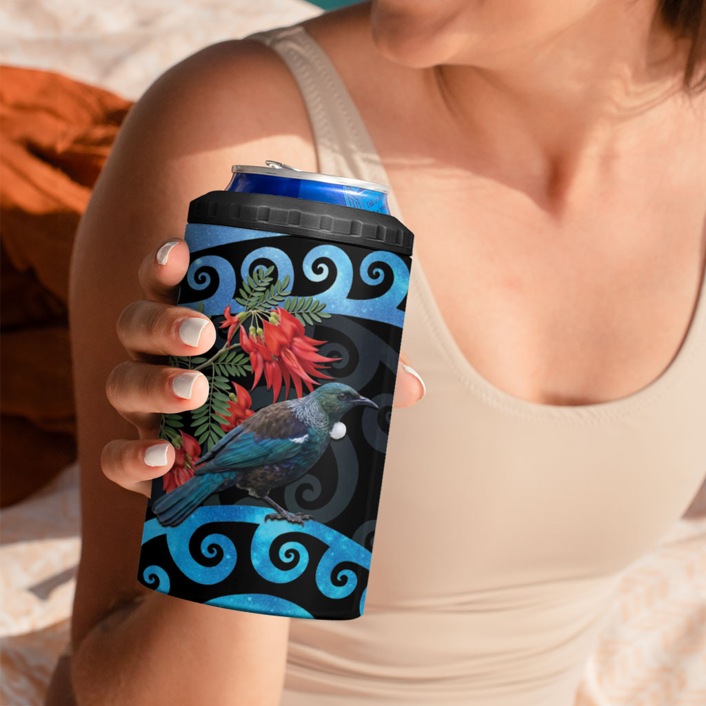 Tui Bird Kakabeak New Zealand 4 in 1 Can Cooler Tumbler Clianthus Galaxy Maori Koru Pattern