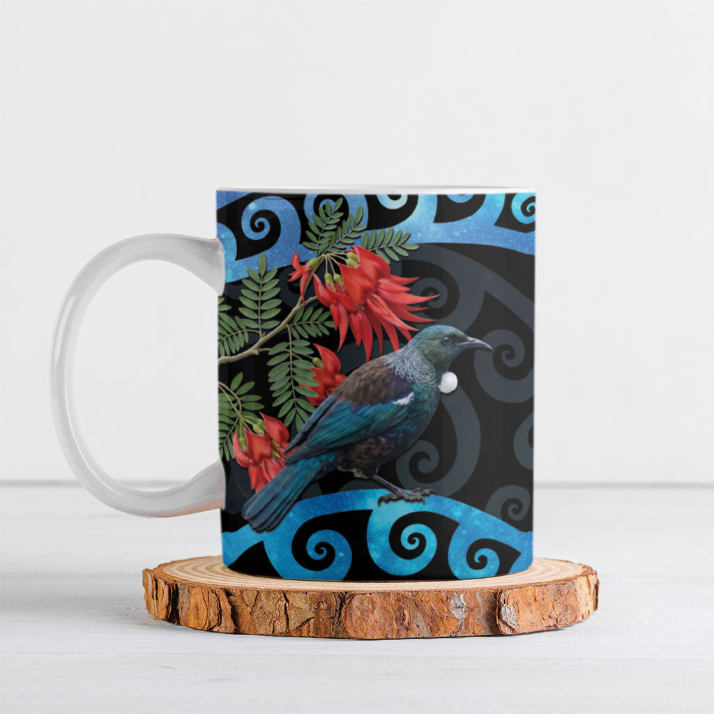 Tui Bird Kakabeak New Zealand Ceramic Mug Clianthus Galaxy Maori Koru Pattern