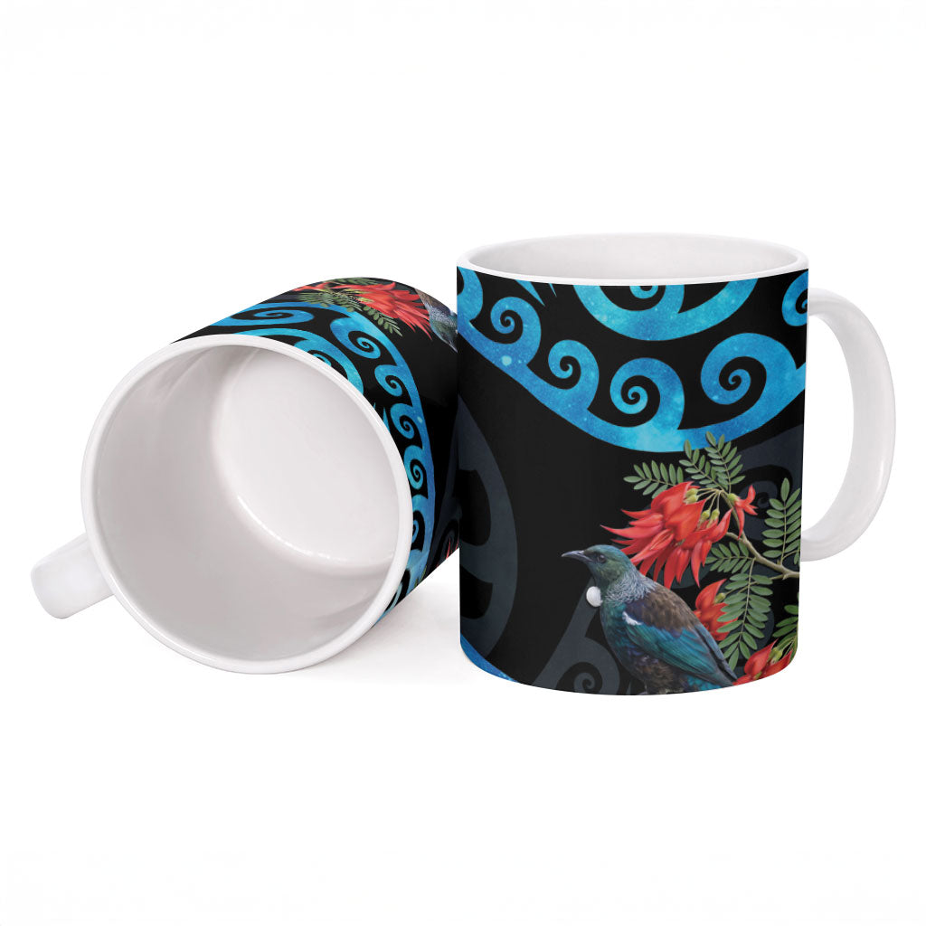 Tui Bird Kakabeak New Zealand Ceramic Mug Clianthus Galaxy Maori Koru Pattern