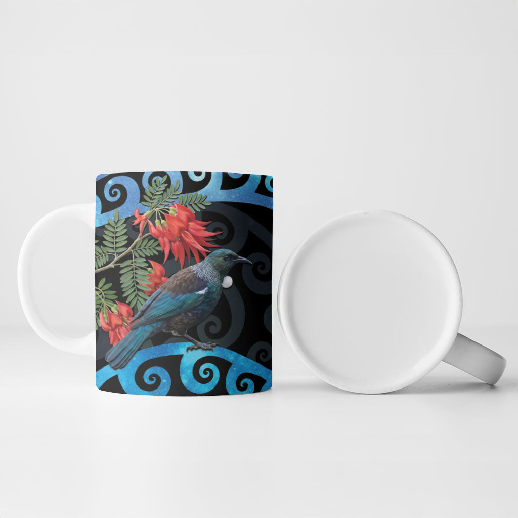 Tui Bird Kakabeak New Zealand Ceramic Mug Clianthus Galaxy Maori Koru Pattern