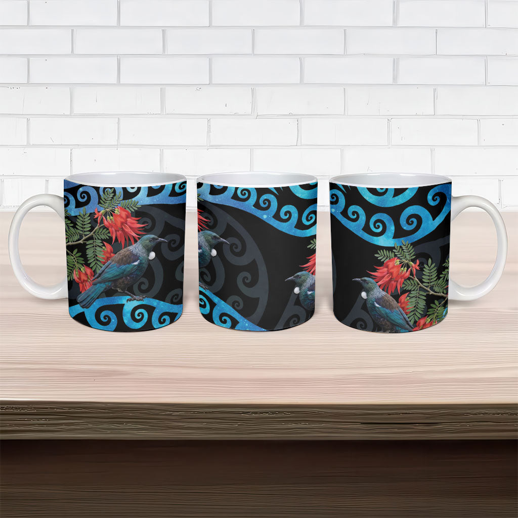 Tui Bird Kakabeak New Zealand Ceramic Mug Clianthus Galaxy Maori Koru Pattern
