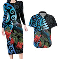 Tui Bird Kakabeak New Zealand Couples Matching Long Sleeve Bodycon Dress and Hawaiian Shirt Clianthus Galaxy Maori Koru Pattern