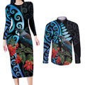 Tui Bird Kakabeak New Zealand Couples Matching Long Sleeve Bodycon Dress and Long Sleeve Button Shirt Clianthus Galaxy Maori Koru Pattern