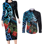 Tui Bird Kakabeak New Zealand Couples Matching Long Sleeve Bodycon Dress and Long Sleeve Button Shirt Clianthus Galaxy Maori Koru Pattern