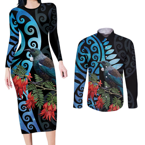Tui Bird Kakabeak New Zealand Couples Matching Long Sleeve Bodycon Dress and Long Sleeve Button Shirt Clianthus Galaxy Maori Koru Pattern