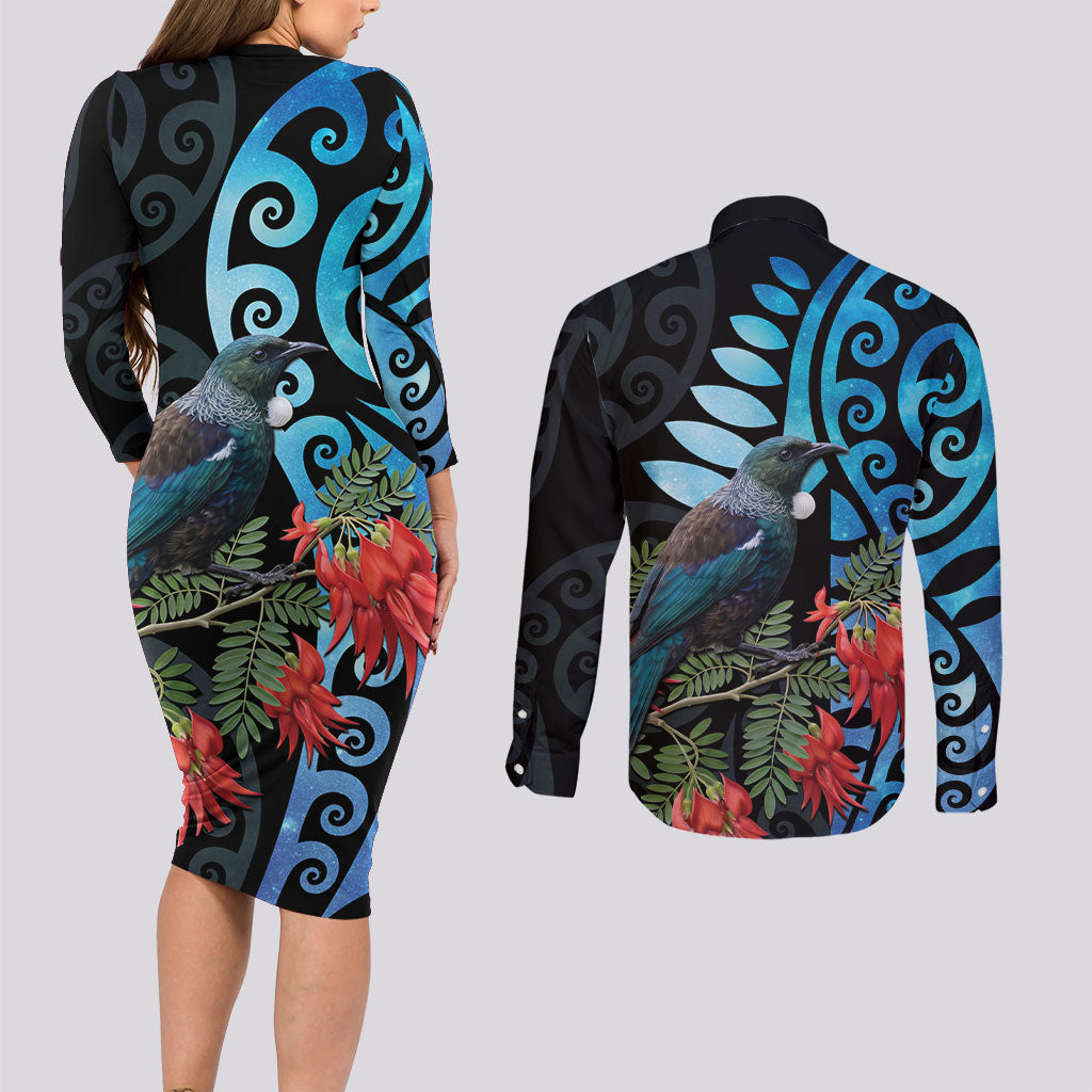 Tui Bird Kakabeak New Zealand Couples Matching Long Sleeve Bodycon Dress and Long Sleeve Button Shirt Clianthus Galaxy Maori Koru Pattern
