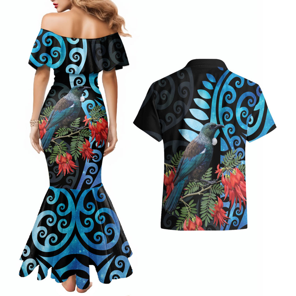 Tui Bird Kakabeak New Zealand Couples Matching Mermaid Dress and Hawaiian Shirt Clianthus Galaxy Maori Koru Pattern