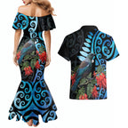 Tui Bird Kakabeak New Zealand Couples Matching Mermaid Dress and Hawaiian Shirt Clianthus Galaxy Maori Koru Pattern