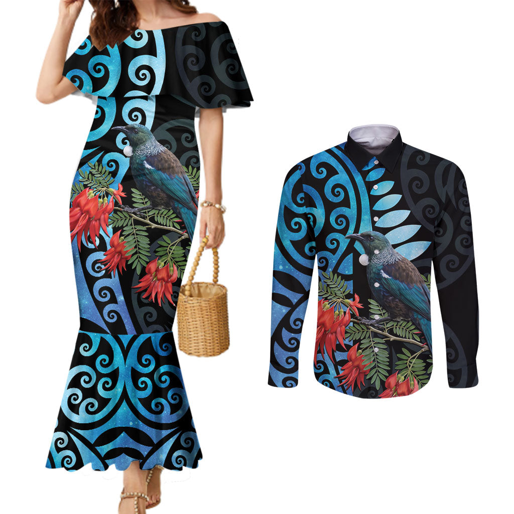 Tui Bird Kakabeak New Zealand Couples Matching Mermaid Dress and Long Sleeve Button Shirt Clianthus Galaxy Maori Koru Pattern