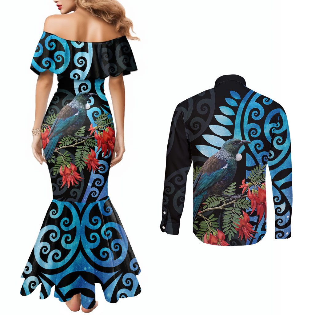 Tui Bird Kakabeak New Zealand Couples Matching Mermaid Dress and Long Sleeve Button Shirt Clianthus Galaxy Maori Koru Pattern