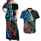 Tui Bird Kakabeak New Zealand Couples Matching Off Shoulder Maxi Dress and Hawaiian Shirt Clianthus Galaxy Maori Koru Pattern