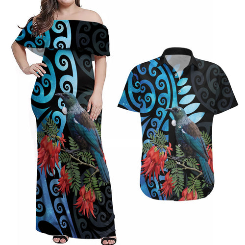 Tui Bird Kakabeak New Zealand Couples Matching Off Shoulder Maxi Dress and Hawaiian Shirt Clianthus Galaxy Maori Koru Pattern