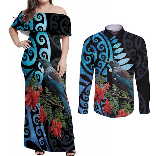 Tui Bird Kakabeak New Zealand Couples Matching Off Shoulder Maxi Dress and Long Sleeve Button Shirt Clianthus Galaxy Maori Koru Pattern