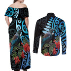 Tui Bird Kakabeak New Zealand Couples Matching Off Shoulder Maxi Dress and Long Sleeve Button Shirt Clianthus Galaxy Maori Koru Pattern