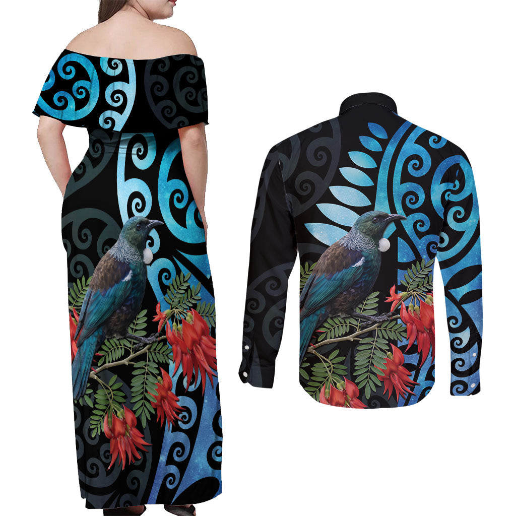 Tui Bird Kakabeak New Zealand Couples Matching Off Shoulder Maxi Dress and Long Sleeve Button Shirt Clianthus Galaxy Maori Koru Pattern