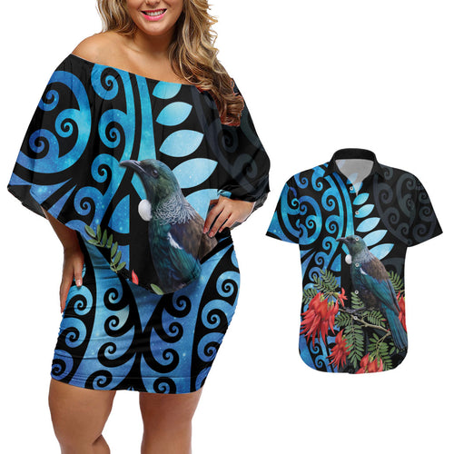 Tui Bird Kakabeak New Zealand Couples Matching Off Shoulder Short Dress and Hawaiian Shirt Clianthus Galaxy Maori Koru Pattern