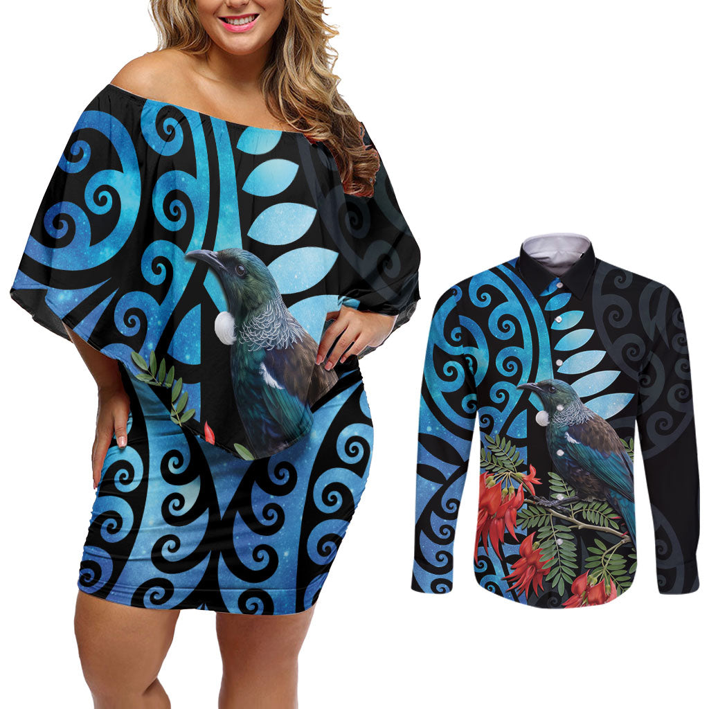 Tui Bird Kakabeak New Zealand Couples Matching Off Shoulder Short Dress and Long Sleeve Button Shirt Clianthus Galaxy Maori Koru Pattern