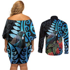 Tui Bird Kakabeak New Zealand Couples Matching Off Shoulder Short Dress and Long Sleeve Button Shirt Clianthus Galaxy Maori Koru Pattern