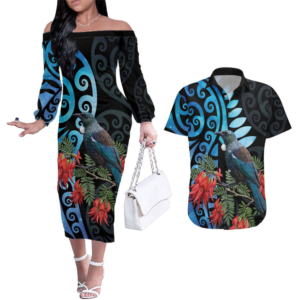 Tui Bird Kakabeak New Zealand Couples Matching Off The Shoulder Long Sleeve Dress and Hawaiian Shirt Clianthus Galaxy Maori Koru Pattern