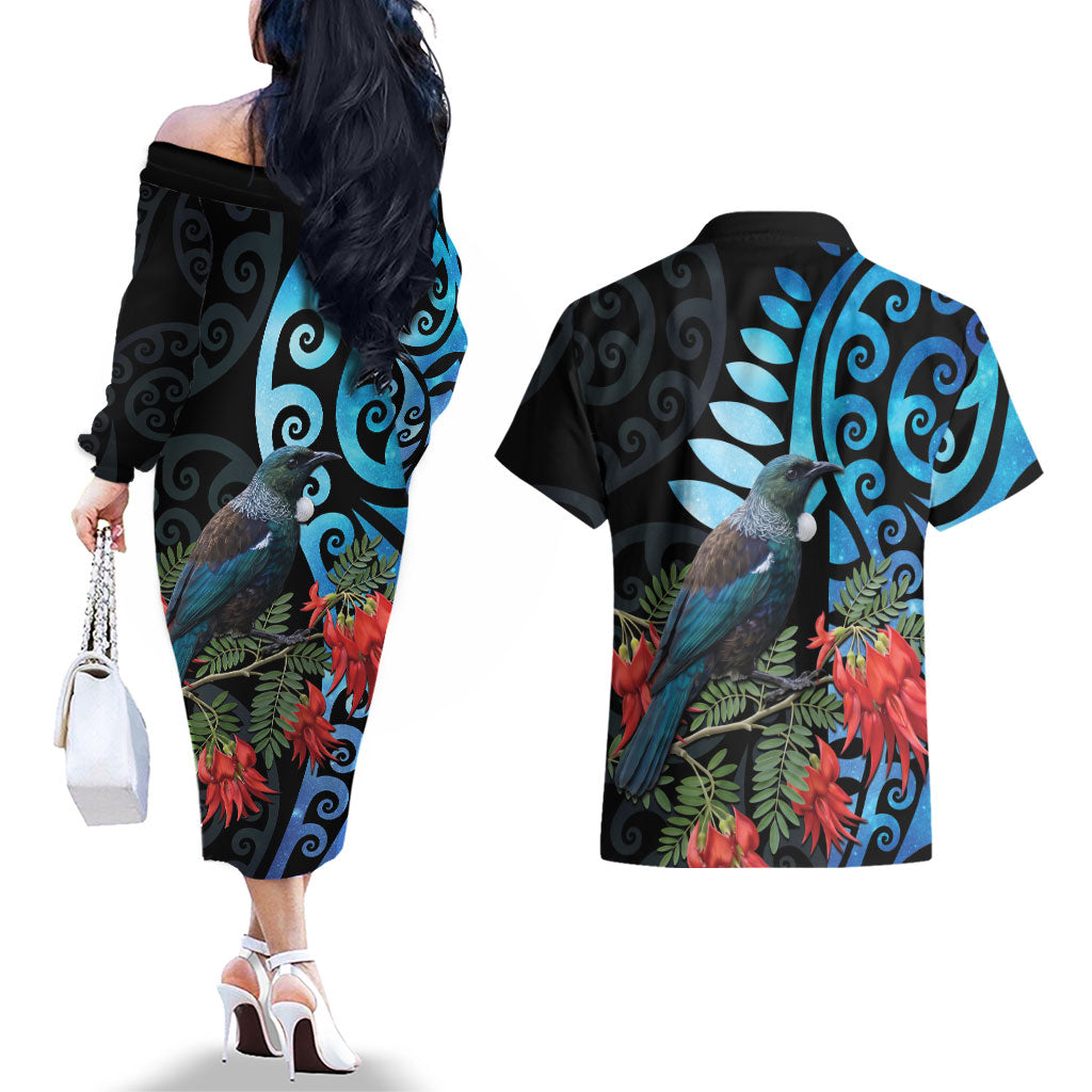 Tui Bird Kakabeak New Zealand Couples Matching Off The Shoulder Long Sleeve Dress and Hawaiian Shirt Clianthus Galaxy Maori Koru Pattern
