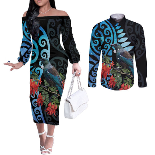 Tui Bird Kakabeak New Zealand Couples Matching Off The Shoulder Long Sleeve Dress and Long Sleeve Button Shirt Clianthus Galaxy Maori Koru Pattern