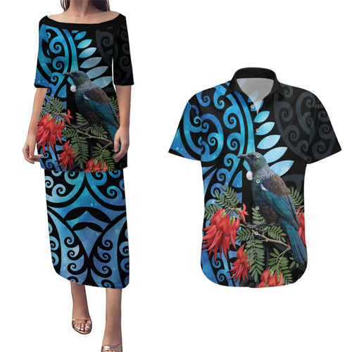 Tui Bird Kakabeak New Zealand Couples Matching Puletasi and Hawaiian Shirt Clianthus Galaxy Maori Koru Pattern