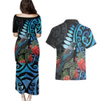 Tui Bird Kakabeak New Zealand Couples Matching Puletasi and Hawaiian Shirt Clianthus Galaxy Maori Koru Pattern