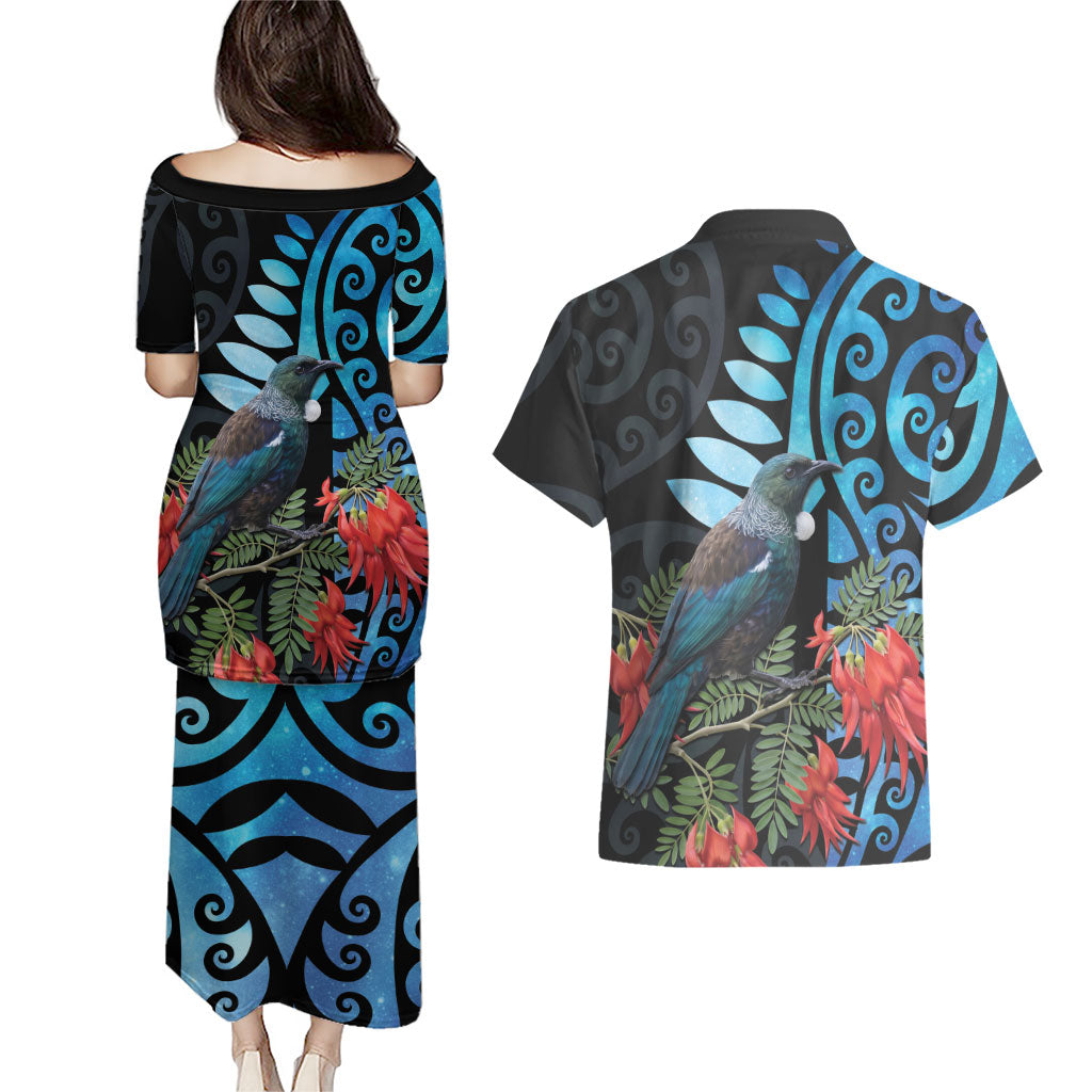 Tui Bird Kakabeak New Zealand Couples Matching Puletasi and Hawaiian Shirt Clianthus Galaxy Maori Koru Pattern