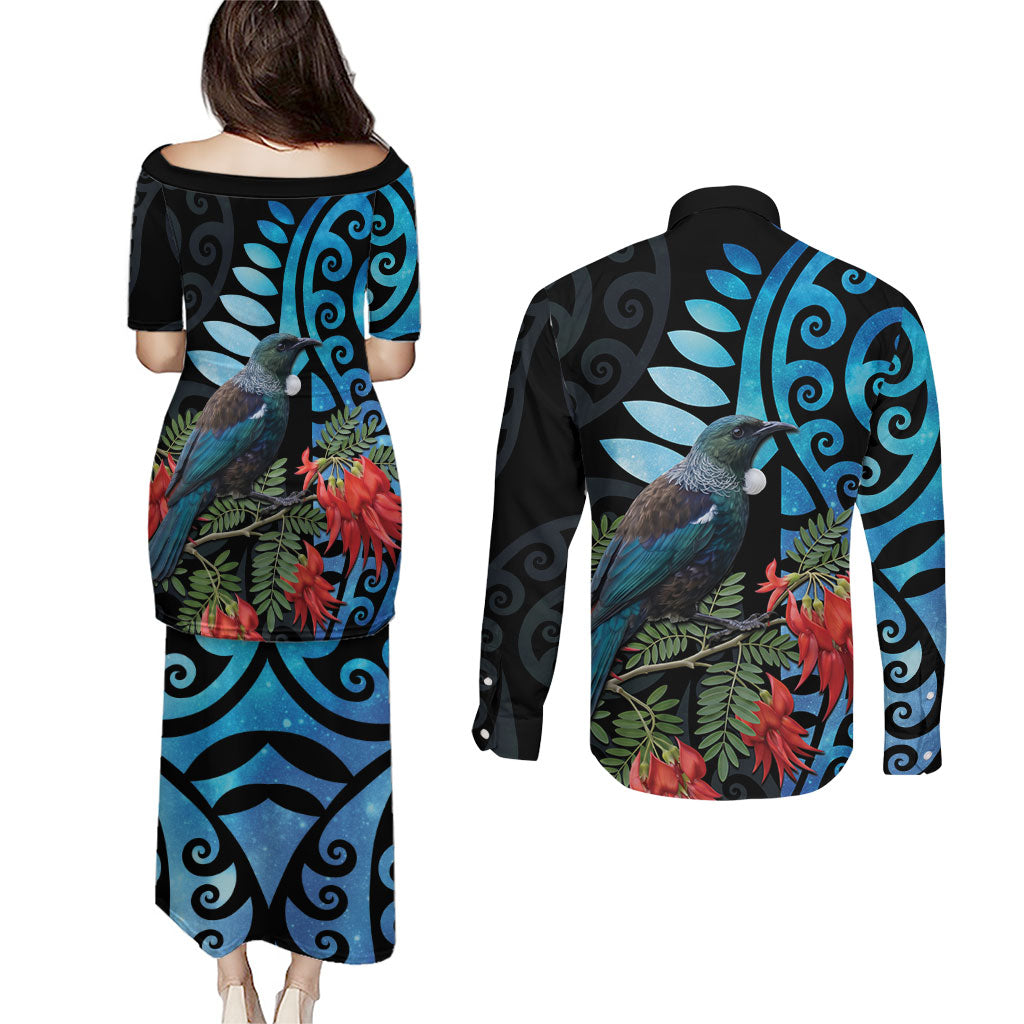 Tui Bird Kakabeak New Zealand Couples Matching Puletasi and Long Sleeve Button Shirt Clianthus Galaxy Maori Koru Pattern