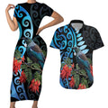 Tui Bird Kakabeak New Zealand Couples Matching Short Sleeve Bodycon Dress and Hawaiian Shirt Clianthus Galaxy Maori Koru Pattern