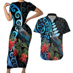 Tui Bird Kakabeak New Zealand Couples Matching Short Sleeve Bodycon Dress and Hawaiian Shirt Clianthus Galaxy Maori Koru Pattern